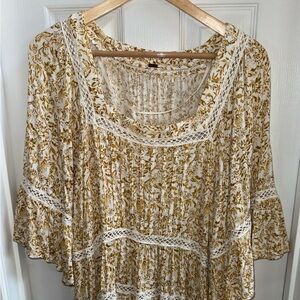 Free People Talk About It Tunic Womens M Flowy Tierd Design Floral Yellow Boho